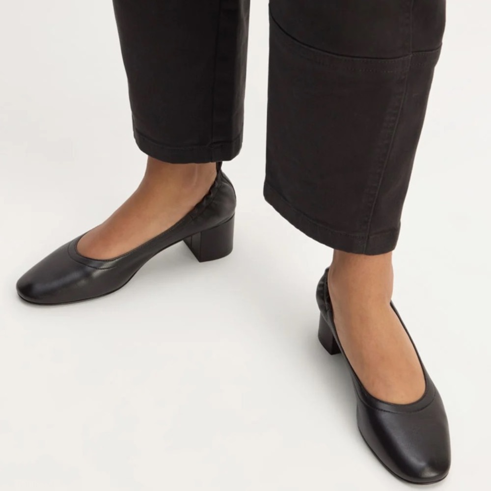 Everlane The Day Heel Size 8 Black Pumps Classic Italian Leather Low Block Heels